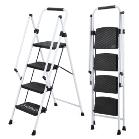 White Four-step Ladder, Light Folding Four-step Stool, Wide Anti-skid Pedal And Safety Handle, Strong Steel Ladder, Multi-purpose Ladder, Applicable T