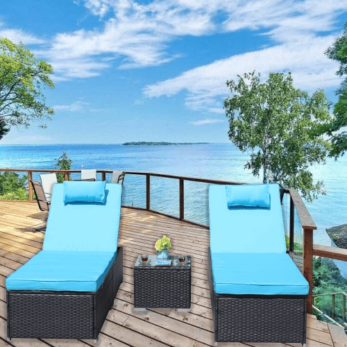 3-Piece Outdoor Patio Furniture Set Chaise Lounge, Patio Reclining Rattan Lounge Chair Chaise Couch Cushioned With Glass Coffee Table, Adjustable Back 3-Piece Outdoor Patio Furniture Set Chaise Lounge, Patio Reclining Rattan Lounge Chair Chaise Couch Cushioned With Glass Coffee Table, Adjustable Back
